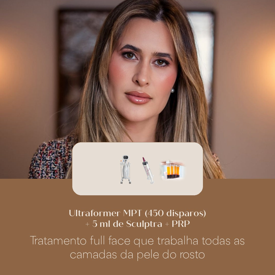 Ultraformer MPT (450 disparos) + 5 ml de Sculptra + PRP Tratamento full face que trabalha todas as camadas da pele do rosto