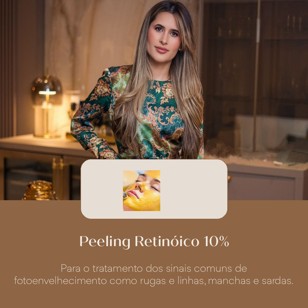 Peeling Retinóico 10% Para o tratamento dos sinais comuns de fotoenvelhecimento como rugas e linhas, manchas e sardas.