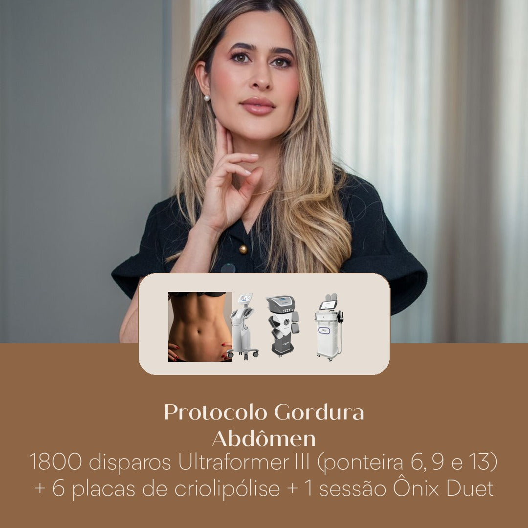 Protocolo Gordura Abdômen 1800 disparos Ultraformer III (ponteira 6, 9 e 13) + 6 placas de criolipólise + 1 sessão Ônix Duet