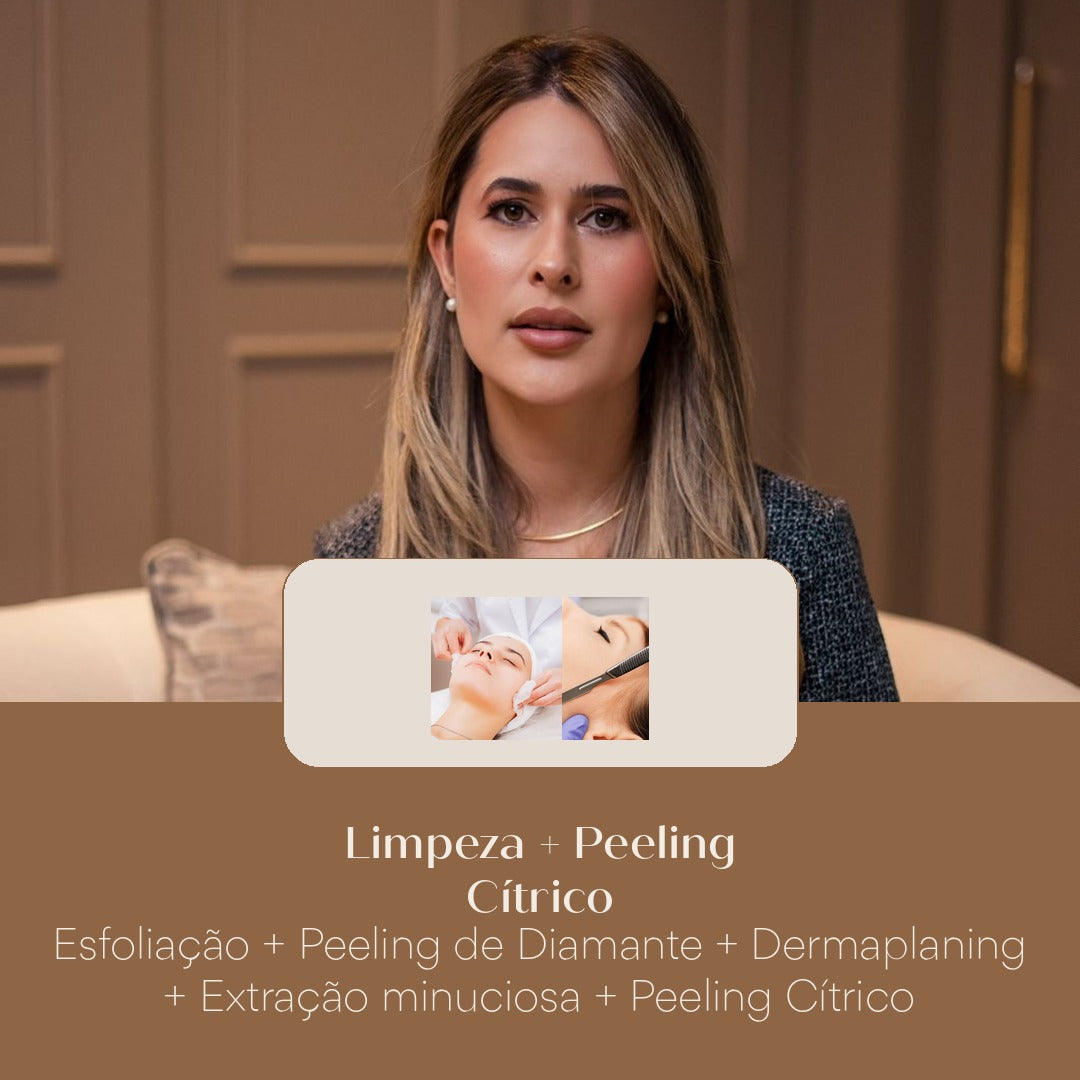 Limpeza + Peeling Cítrico Esfoliação + Peeling de Diamante + Dermaplaning + Extração minuciosa + Peeling Cítrico