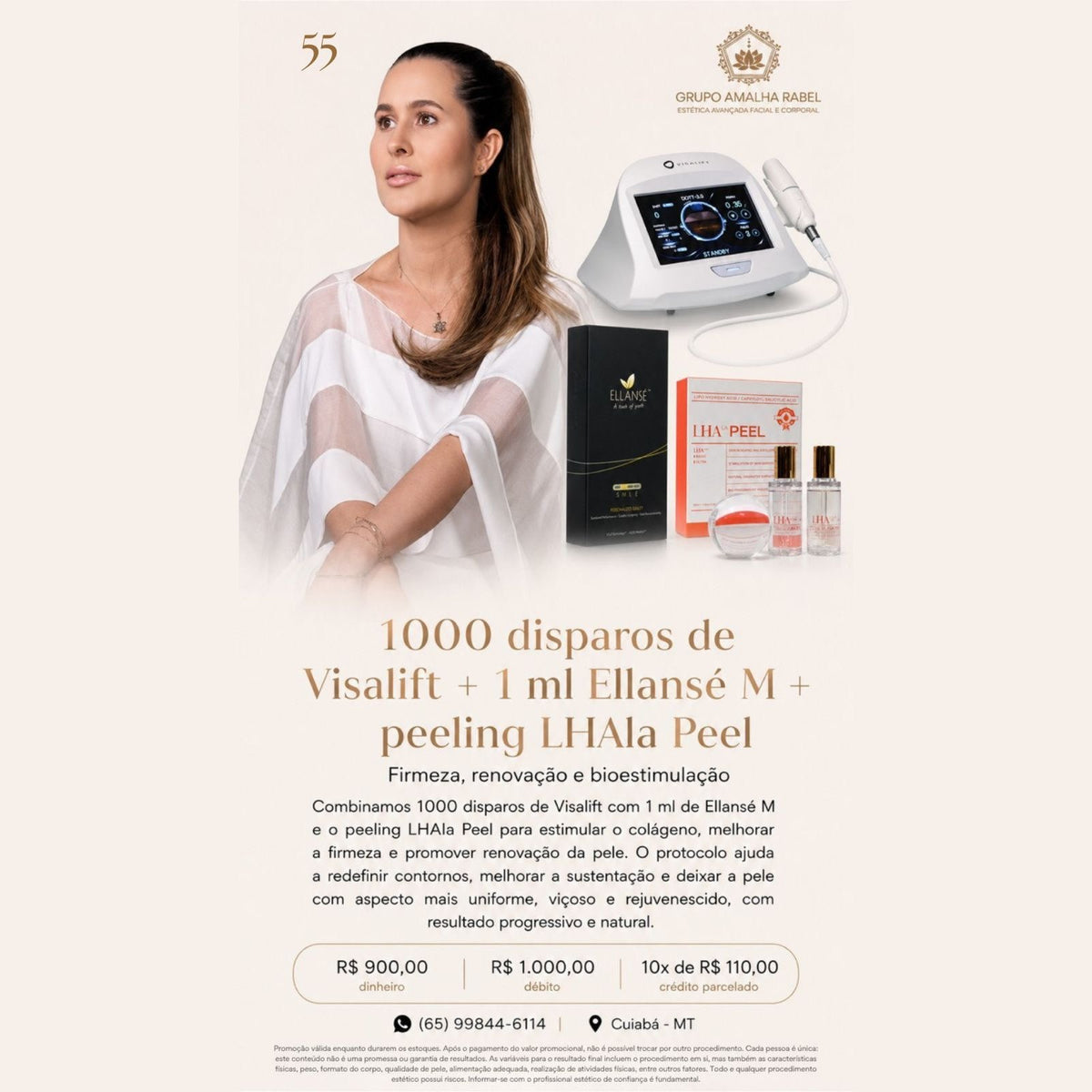 1000 disparos de Visalift + 1 ml Ellansé M + peeling LHAla Peel - Firmeza, renovação e bioestimulação