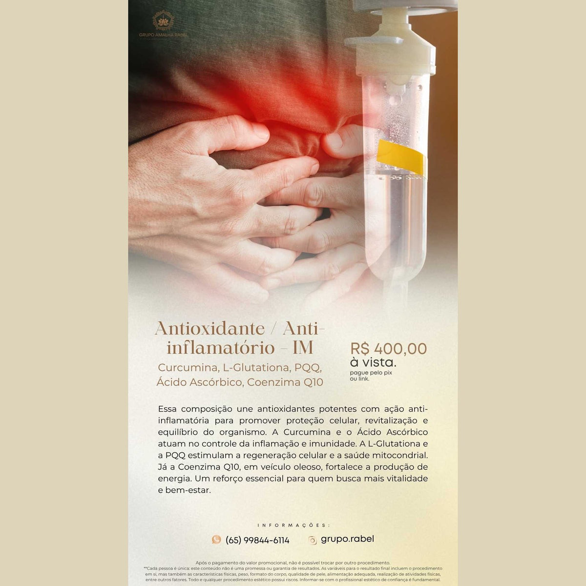 Antioxidante / Anti-inflamatório - IM - Curcumina, L-Glutationa, PQQ, Ácido Ascórbico, Coenzima Q10