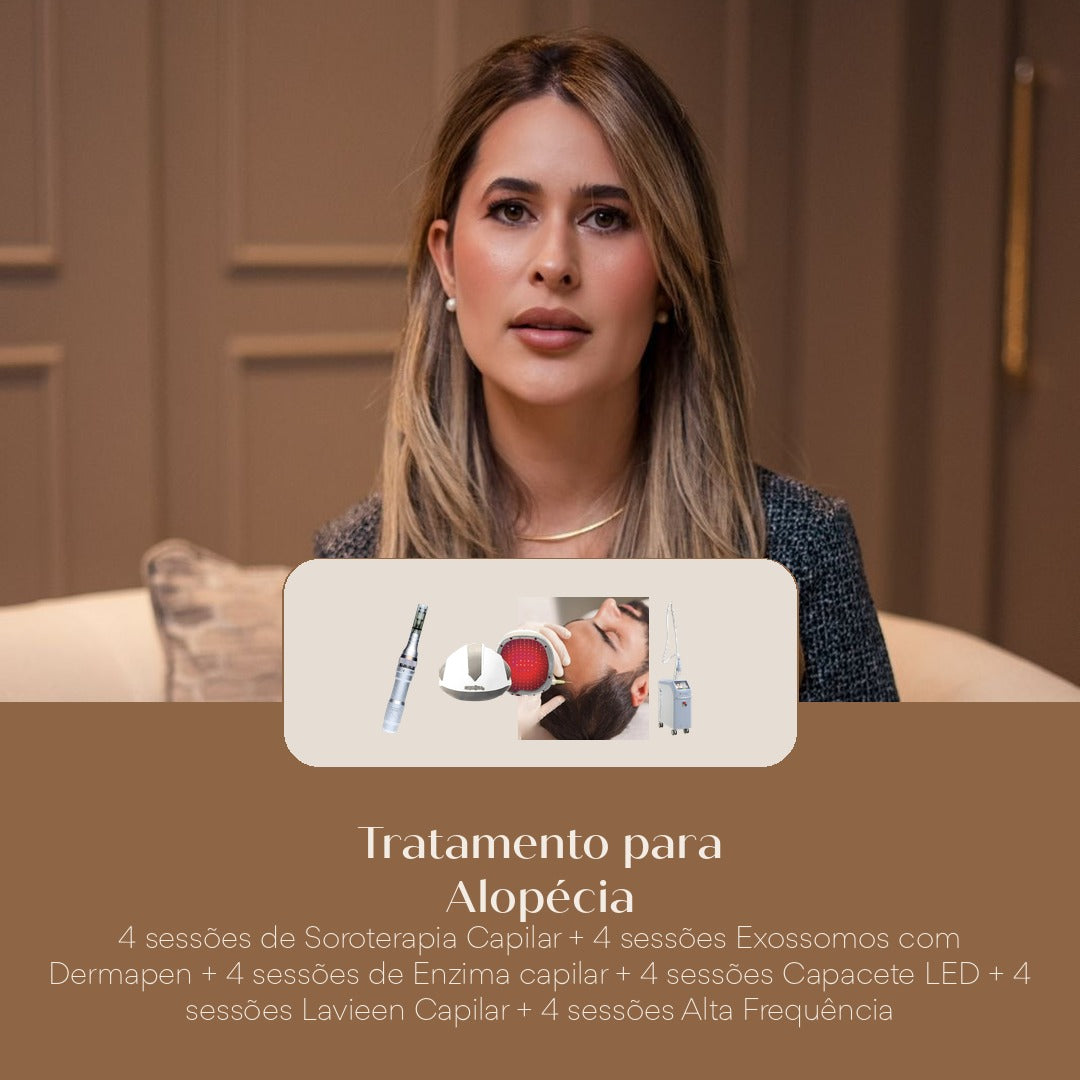 Tratamento para Alopécia 4 sessões de Soroterapia Capilar + 4 sessões Exossomos com Dermapen + 4 sessões de Enzima capilar + 4 s