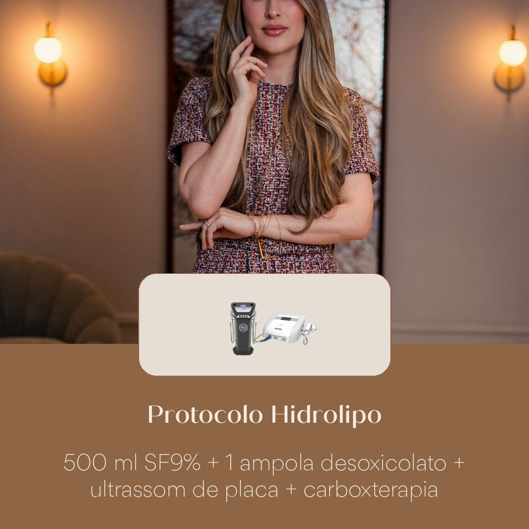 Protocolo Hidrolipo 500 ml SF9% + 1 ampola desoxicolato + ultrassom de placa + carboxterapia
