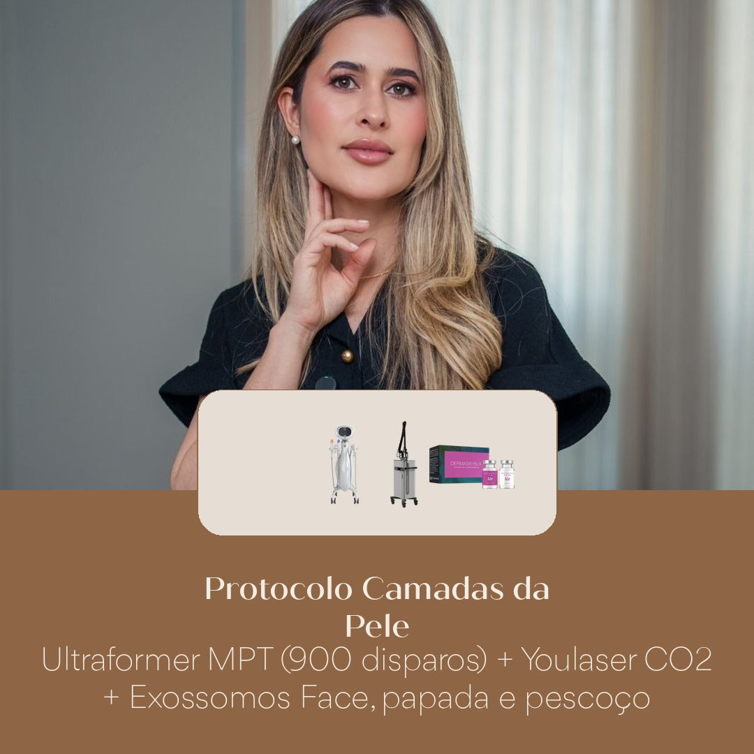 Protocolo Camadas da Pele Ultraformer MPT (900 disparos) + Youlaser CO2 + Exossomos Face, papada e pescoço