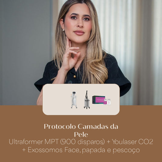 Protocolo Camadas da Pele Ultraformer MPT (900 disparos) + Youlaser CO2 + Exossomos Face, papada e pescoço