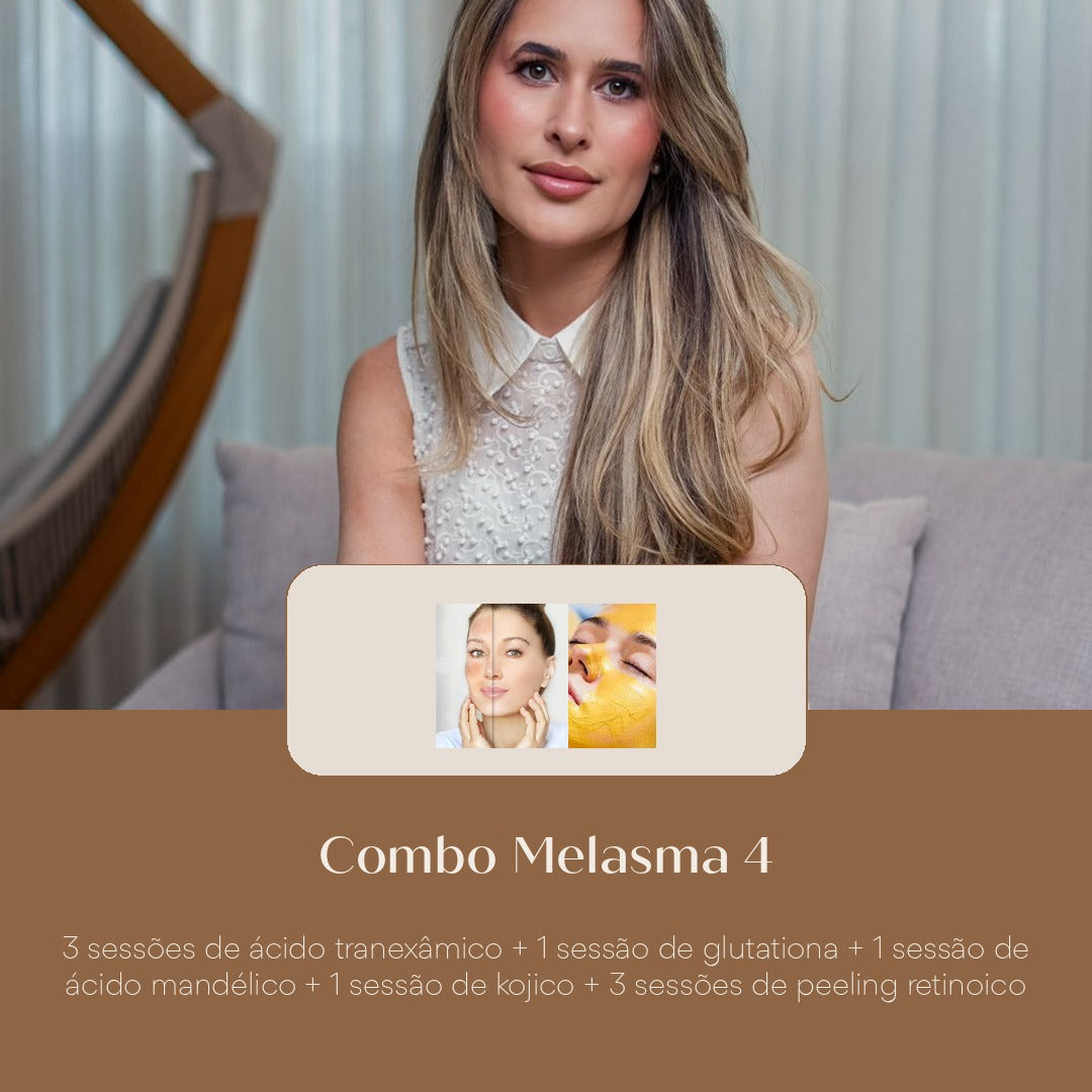 Combo Melasma 4 3 sessões de ácido tranexâmico + 1 sessão de glutationa + 1 sessão de ácido mandélico + 1 sessão de kojico + 3 s