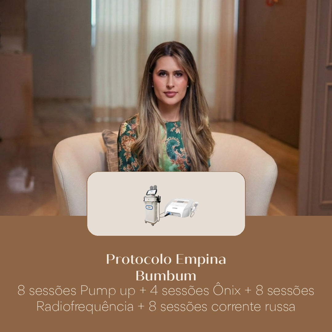 Protocolo Empina Bumbum 8 sessões Pump up + 4 sessões Ônix + 8 sessões Radiofrequência + 8 sessões corrente russa