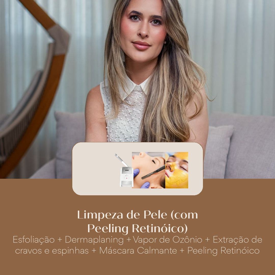 Limpeza de Pele (com Peeling Retinóico) Esfoliação + Dermaplaning + Vapor de Ozônio + Extração de cravos e espinhas + Máscara Ca