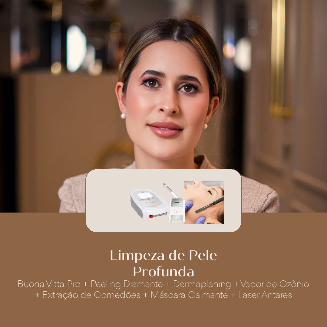 Limpeza de Pele Profunda Buona Vitta Pro + Peeling Diamante + Dermaplaning + Vapor de Ozônio + Extração de Comedões + Máscara Ca