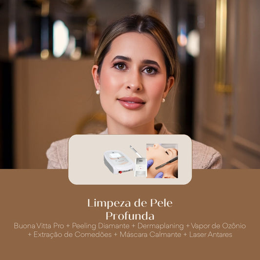 Limpeza de Pele Profunda Buona Vitta Pro + Peeling Diamante + Dermaplaning + Vapor de Ozônio + Extração de Comedões + Máscara Ca