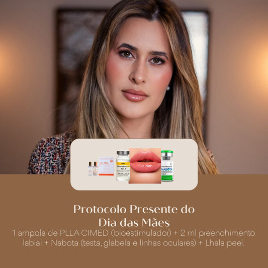 Protocolo Presente do Dia das Mães 1 ampola de PLLA CIMED (bioestimulador) + 2 ml preenchimento labial + Nabota (testa, glabela